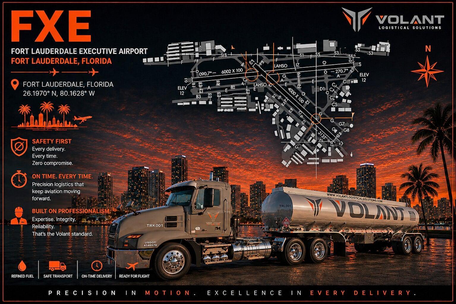 Fort Lauderdale Executive Airport layout with Volant aviation fuel transportation branding